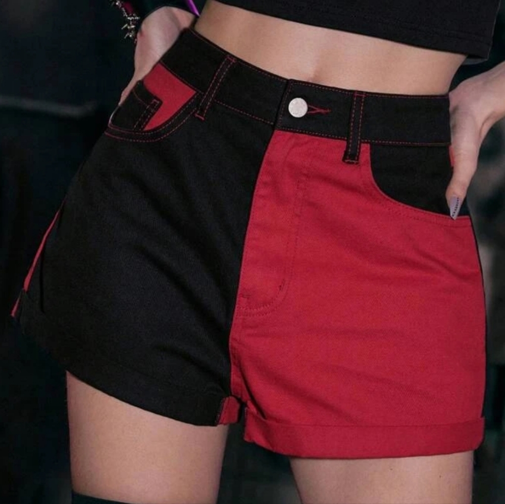 Two tone red/black high waisted denim cuffed shorts Medium US 6 Womens